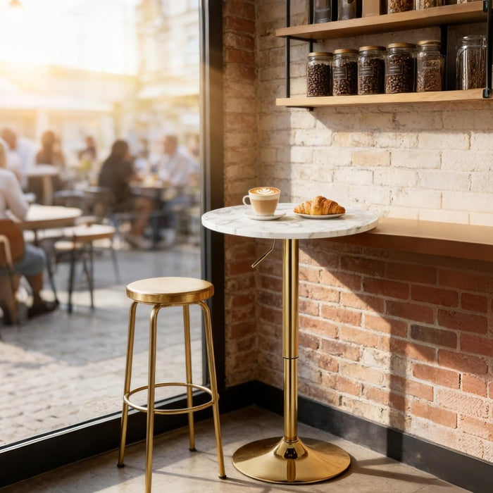 Round Cocktail Table Gold Height Adjustable 27.9''-35.4'' Pub Bar Table with Metal Base, Modern Sturdy Stylish for Kitchen, Dining Room, Office, Home Bar