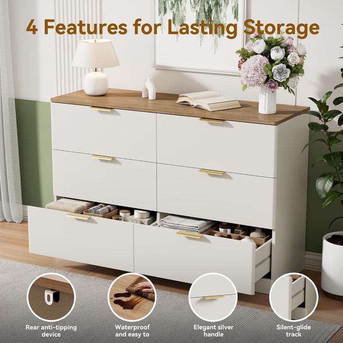 6 Drawer Dresser for Bedroom, 47.2" Wide Modern Chest of Drawers with 6 Large Storage Space with Curved Edge Design, Large Dresser W/Gold Metal Handles for Bedroom,White & Brown