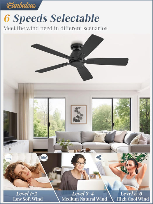 46 Inch Flush Mount Ceiling Fan No Light with Remote,Black Modern Low Profile Ceiling Fan without Light,6-Speeds,Quiet Reversible DC Motor,Indoor&Outdoor Ceiling Fans for Bedroom,Living Room