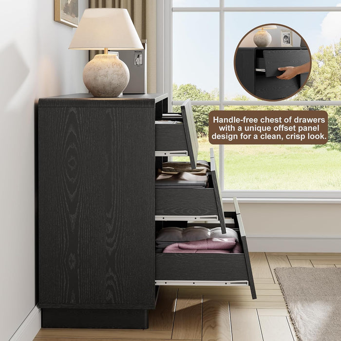 Black 6 Drawer Dresser for Bedroom, 47.2" Modern Wood Dresser with Handle-Free and Curved-Edge Design, Chests of Drawers with Large Capacity
