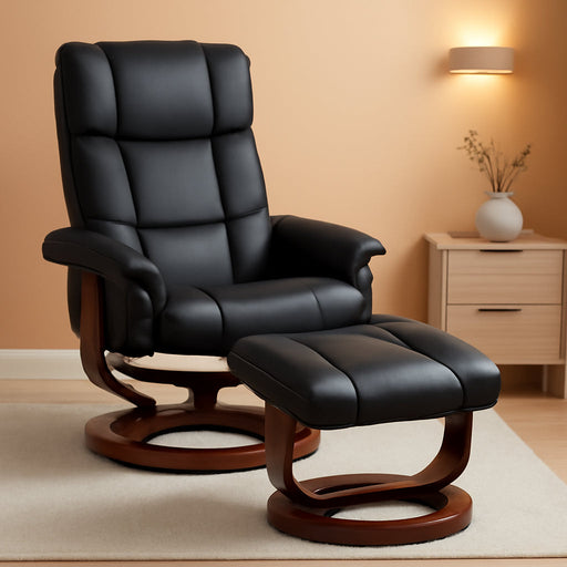 Massage Recliner Chair with Ottoman, Swivel Recliner and Footrest, Faux Leather Reclining Chair with Remote Control and Side Pocket, Black