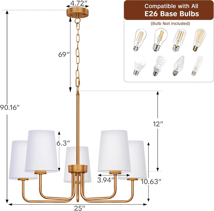 Farmhouse Chandelier, 5-Light Brass Chandelier with White Fabric Shade, Height Adjustable Modern Dining Room Light Fixture with E26 Base for Bedroom Foyer Hallway Entryway Kitchen Living Room