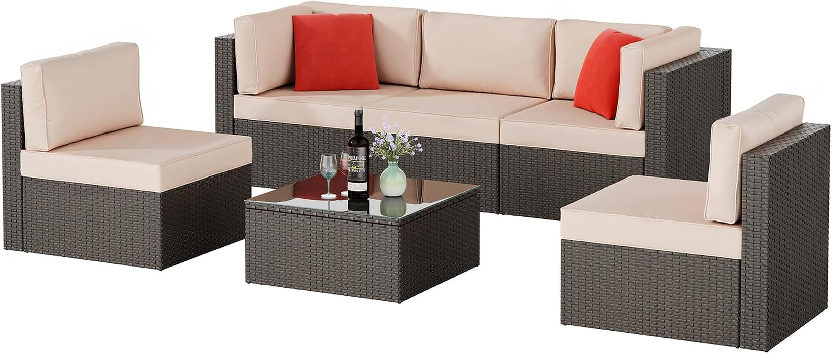 6 Pieces Patio Furniture Set Outdoor Couch Wicker Sectional Sofa, Beige