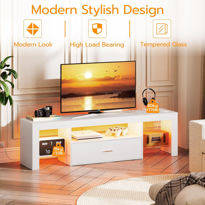 LED TV Stand with Power Outlets to 65 Inch TV, Gaming Entertainment Center with Glass Shelves and Large Drawer, Modern Media TV Console Table for Living Room Bedroom, White WT14UDDS01