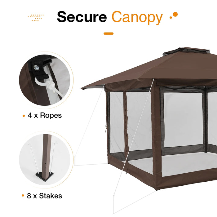 13’X13’Pop up Gazebo, Outdoor Gazebo Tent with W/ Netting Walls, Double Vented Roof Canopy, Brown