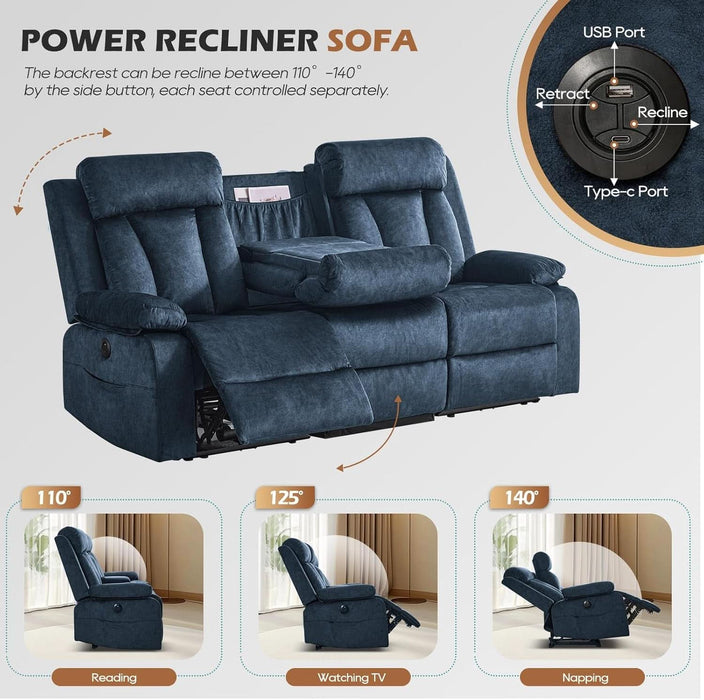 Power Reclining Sofa with Heat and Massage, Electric Reclining Couch with Drop down Table,Cup Holders, Dual Ports, Wall Hugger Recliner Sofa for Living Room,Home Theater (Blue, Sofa)