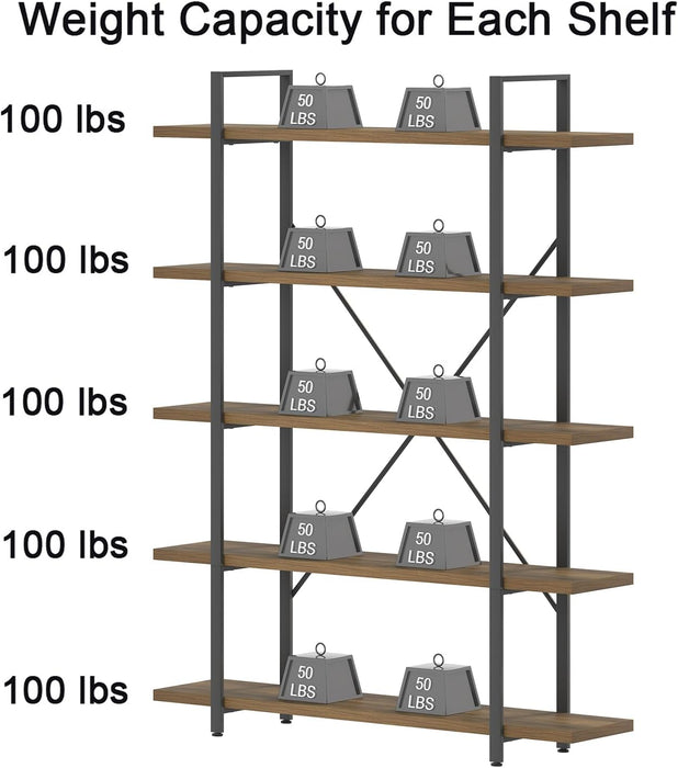 Industrial Reinforced Five Tier Bookshelf Rustic Oak