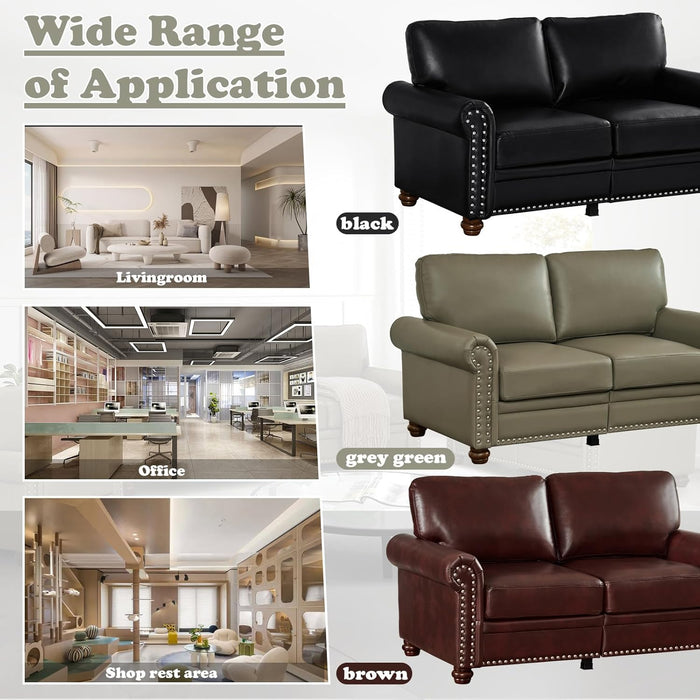 2-Piece Comfy Upholstered PU Leather Sofa Couch Set, Mid-Century Modern Loveseat Sofa+3 Seater Couch with Storage Space for Living Room, Furniture Set, Red Brown