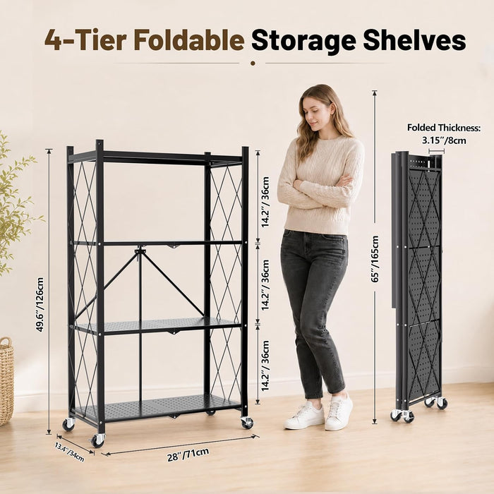 4 Tier Foldable Metal Storage Shelves on Wheels No Assembly | Heavy-Duty Shelf Unit for Kitchen, Garage, Pantry, Basement, Bookshelf, Black