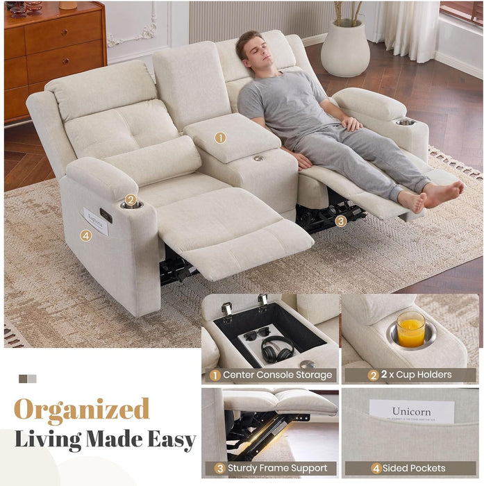 Cat-Proof Power Reclining Loveseat with Console & Drawer Storage, Loveseat Recliner with Tray Table, Electric Reclining Sofa with Heat & Massage, Extra Lumbar Pillow for Livingroom (Beige)