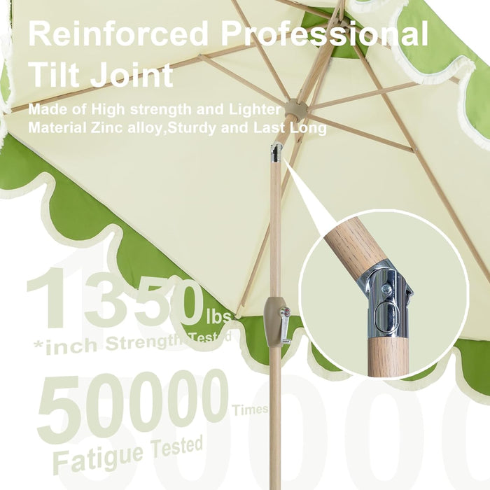 9Ft Scalloped Patio Umbrellas with Fringe, Market Umbrellas with Water-Resistant and Fade Resistant Canopy, 1.5" Wood Pole & Button Tilt,Green Beige Spliced