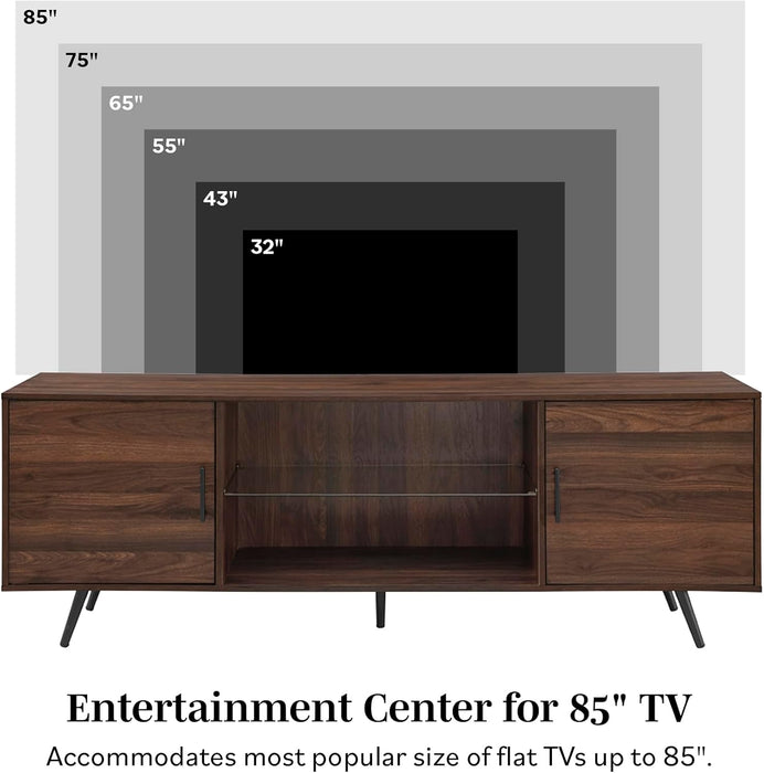 Saxon Mid Century Modern 2 Door Glass Shelf TV Stand for Tvs up to 80 Inches, 70 Inch, Dark Walnut