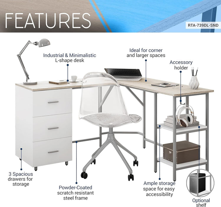 L Shaped Desk - Two-Toned Computer Desk with Drawers & Storage Shelves - Simple Modern Furniture & Home Office Space Corner Table for Work & Writing