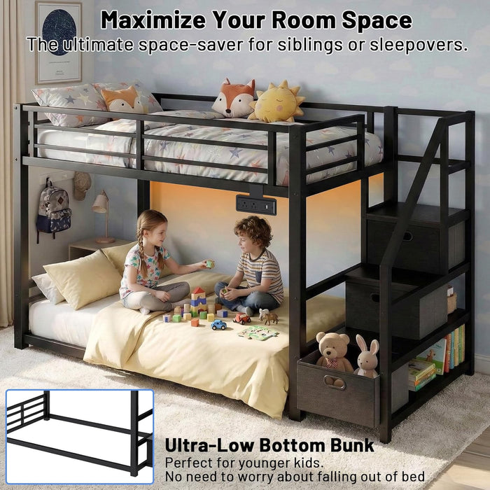 Black Twin Over Twin Metal Bunk Bed StorageDrawers