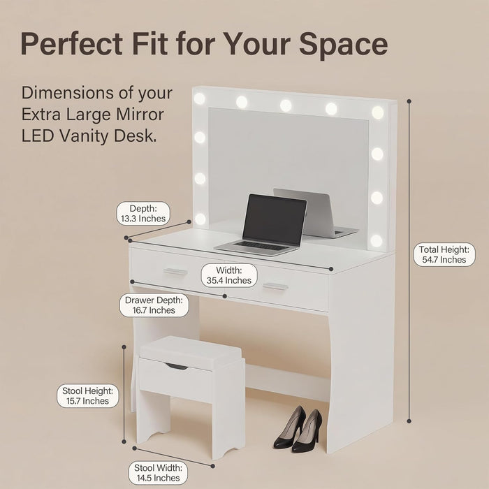 White Vanity Desk With Oversized Illuminated Mirror