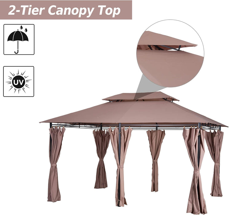 10' X 13' Patio Gazebo, Outdoor Gazebo Canopy Shelter with Curtains, Vented Roof, Steel Frame for Garden, Lawn, Backyard and Deck, Khaki