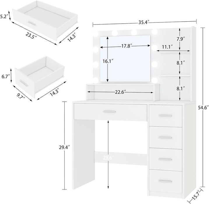Vanity Desk with Mirror and Lights, Makeup Vanity with 5 Drawers and 3 Storage Shelves, 3 Color Modes & Adjustable Brightness Dressing Table, Vanity for Girls, White