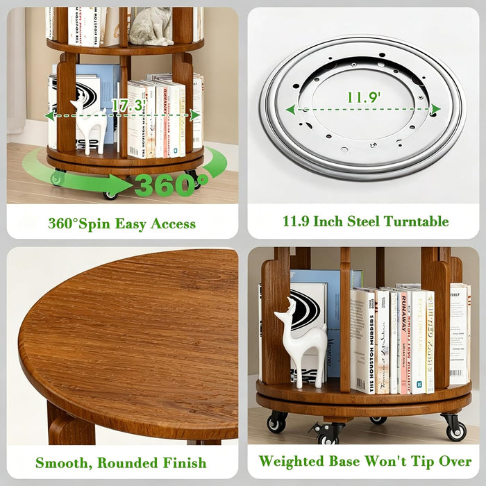 6 Tier 360° Rotating Solid Wood Bookshelf with Wheels | ,Lazy Susan Circular Spinning Revolving Corner Bookcase, Freestanding Storage Shelf for Bedroom Small Space, Walnut