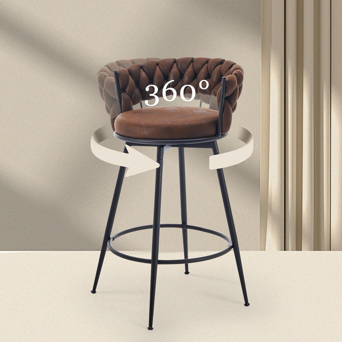 Swivel Bar Stools Set of 2, 28 Inches Modern Counter Height Bar Stools with Woven Back, Upholstered Suede Tall Barstools for Kitchen Island, Cafe, Dark Brown