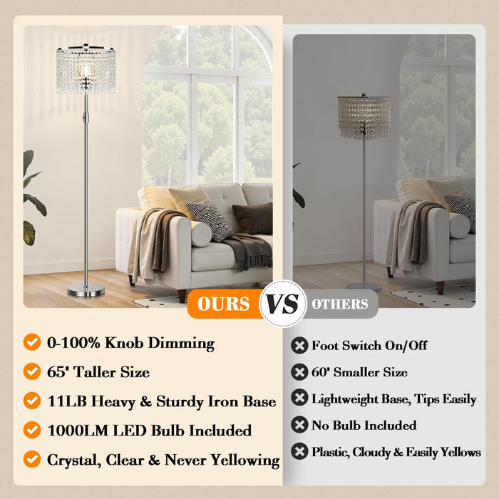 【Upgraded】 Dimmable Crystal Floor Lamps for Living Room, 1000LM LED Bulb Included, Standing Lamp with Knob Switch, Tall Silver Modern Floor Lamp for Bedroom Nursery Office Reading