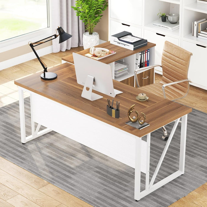 63-Inch Executive Computer Desk with 47-Inch Lateral File Cabinet, Large Workstation Business Furniture, L Shaped Desk with Drawers and Storage Shelves for Home Office, Walnut & White