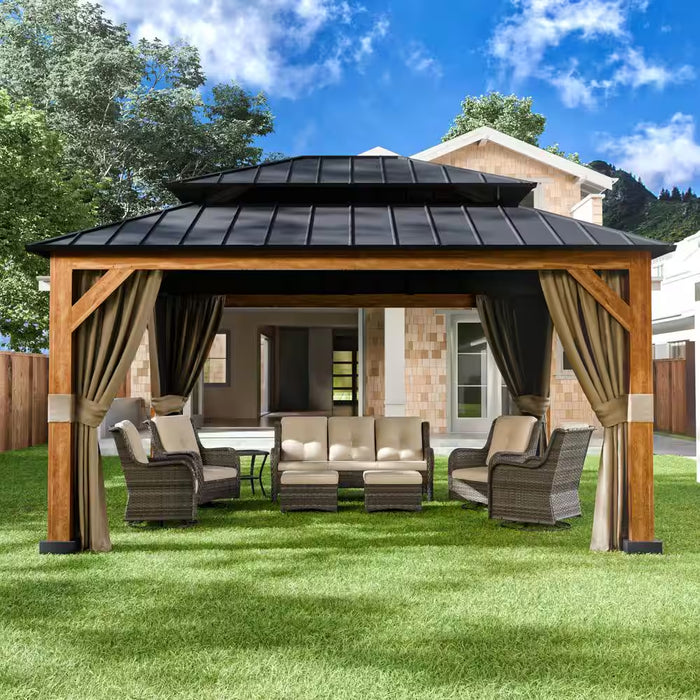 15 Ft. X 13 Ft. Wood Grain Aluminum Double Galvanized Steel Roof Gazebo with Ceiling Hook, Mosquito Netting and Curtains