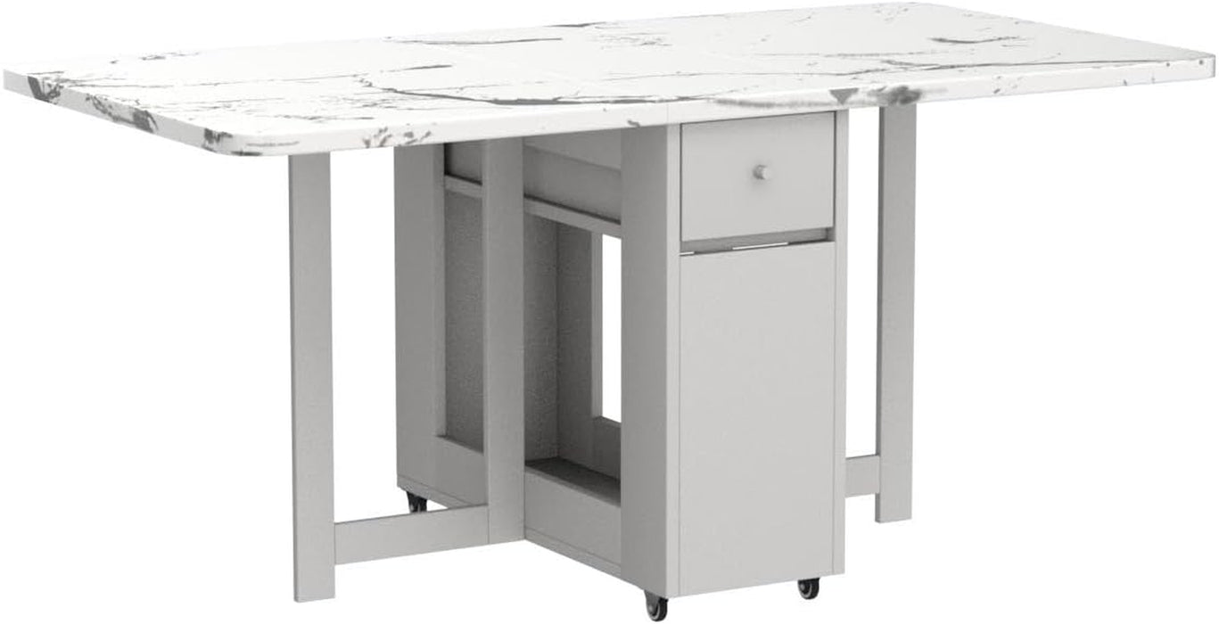 Folding Dining Table with Storage, Kitchen Table for Small Spaces | Foldable, Drop Leaf, Movable, 4 Wheels, Space Saving, Extendable, Marble Texture Top, for Apartment Kitchen Living Room White