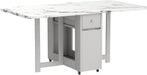 Folding Dining Table with Storage, Kitchen Table for Small Spaces | Foldable, Drop Leaf, Movable, 4 Wheels, Space Saving, Extendable, Marble Texture Top, for Apartment Kitchen Living Room White