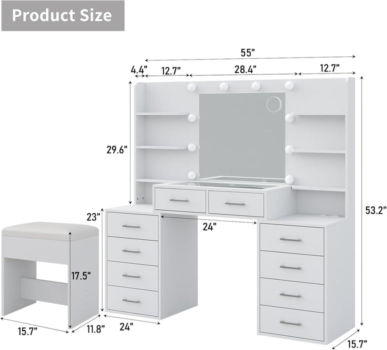 55'' W Makeup Vanity with Mirror & Lights, 10 Drawers Vanity Desk with Charging Station, 6 Open Shelves, 3 Lighting Modes Brightness Adjustable, Glass Top Vanity with Chair for Bedroom, White