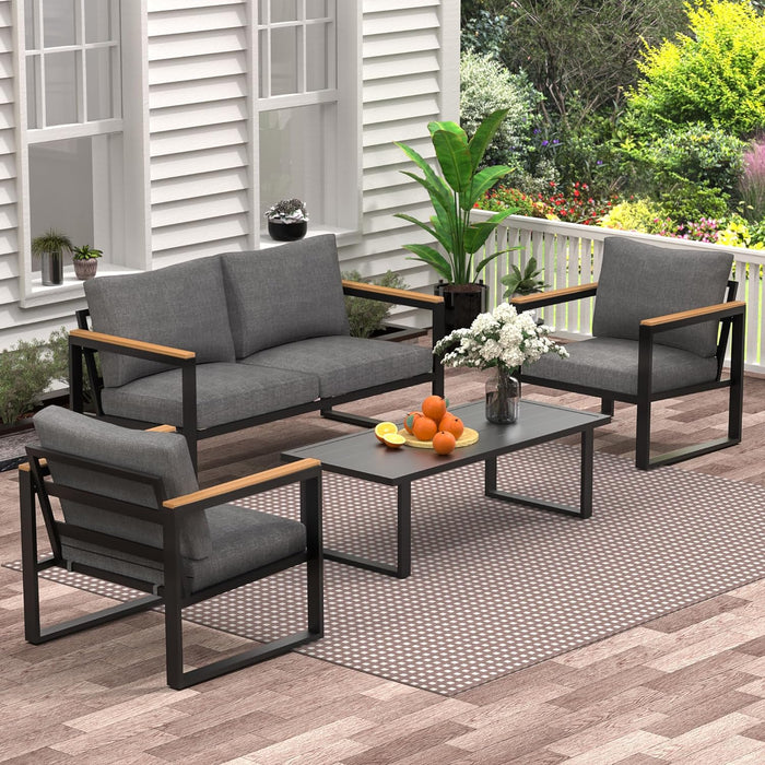 Patio Furniture Set, 4 Pieces Outdoor Patio Furniture with Table Set, Metal Patio Conversation Sets with Washable and High-Resiliency Sponge Cushions, Grey