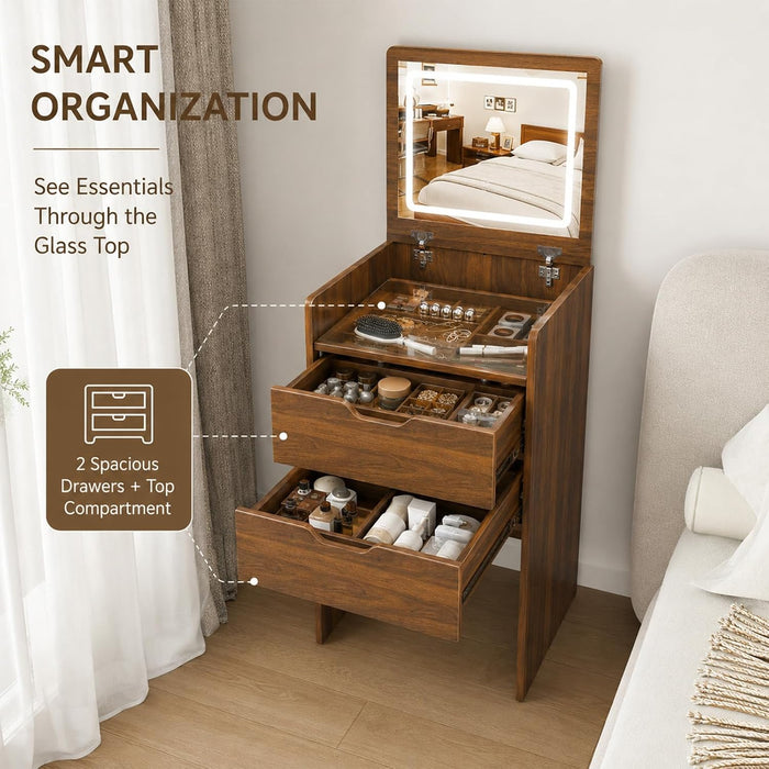 3 in 1 Small Walnut Vanity with Stool & Glass Top, Make up Table with Flip up Mirror & Lights, Modern Cute Teen Vanity Desk with Drawers for Small Space (Walnut+Black, 18.9'' L)
