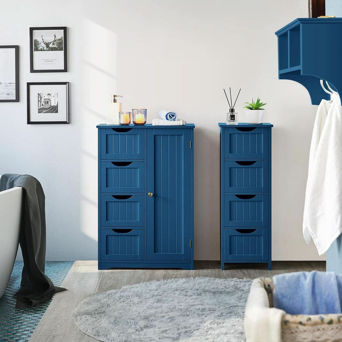 Wooden Bathroom Floor Cabinet, Side Storage Organizer Cabinet with 4 Drawers and 1 Cupboard, Freestanding Entryway Storage Unit Console Table, Bathroom Furniture Home Decor, Navy Blue