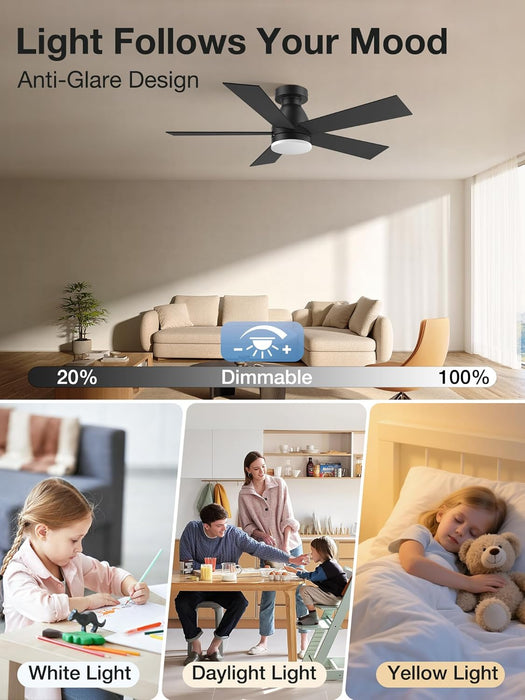 42In Smart Ceiling Fans with Lights Remote,Control via Voice Alexa App,Quiet DC Motor,Flush Mount Low Profile Ceiling Fan for Modern Bedroom,Patio,Outdoor Indoor,Black&Brown,6 Speed,Dimmable,5 Blade