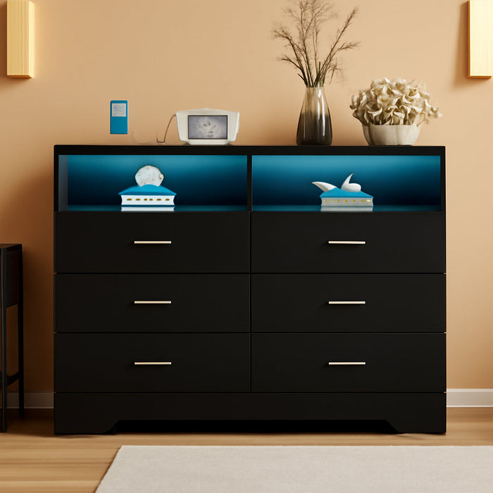 Dresser with Power Outlets and LED Lights Wooden 6 Drawer Dresser with Large Organizer Tall Black Dresser for Bedroom Chest of Drawers Closet Modern Dresser for Living Room Kids Room
