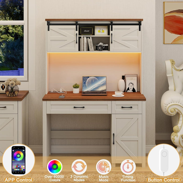 Farmhouse 47" Executive Desk, Computer Desk with 2 Drawers, LED Light and Storage Cabinet, Home Office Desk with Hutch, Charging Hub, Workstation for Home Office and Study,Unique White.