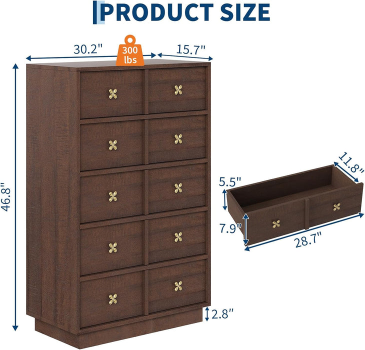 47In Tall Wooden Dresser for Bedroom，5-Drawer Chest of Drawers