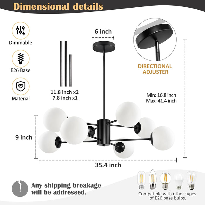 8-Light Globe Sputnik Chandelier Black Mid Century Modern Light Fixture Matte Black Finished with White Frosted Globe Glass Lampshade Sputnik Chandeliers for Dining Room Bedroom Kitchen Island