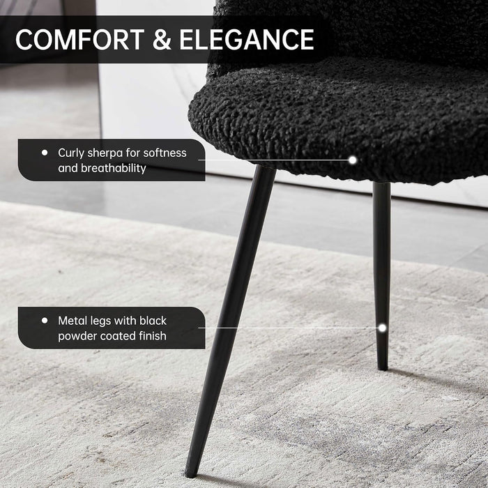 Accent Chairs Set of 2, Fuzzy Sherpa Dining Chairs with Barrel Back, Upholstered Faux Fur Armchairs with Black Metal Leg, Living Room Chairs (Black)