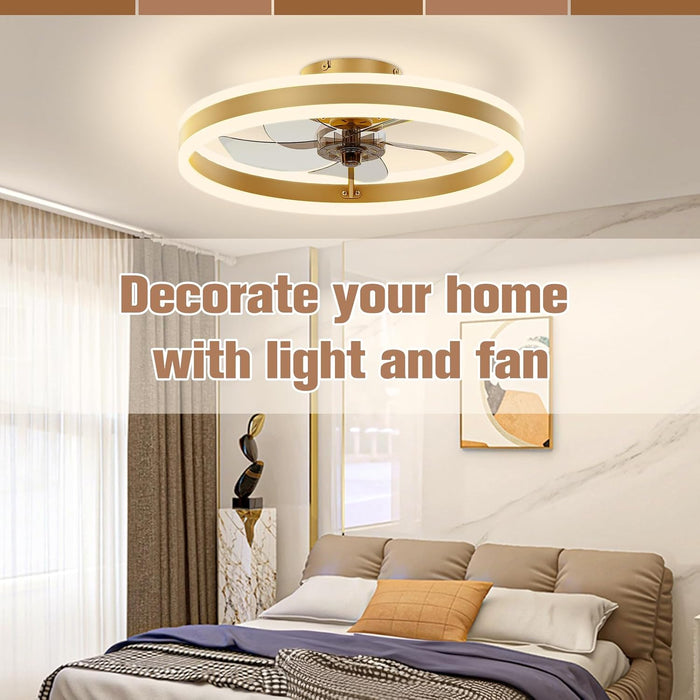 Low Profile Ceiling Fans with Lights and Remote, 19.7In Flush Mount Ceiling Fans with Light, 3000K-6500K Dimmable Fandelier LED Fan Light, Gold Bladeless Ceiling Fans with Lights for Bedroom