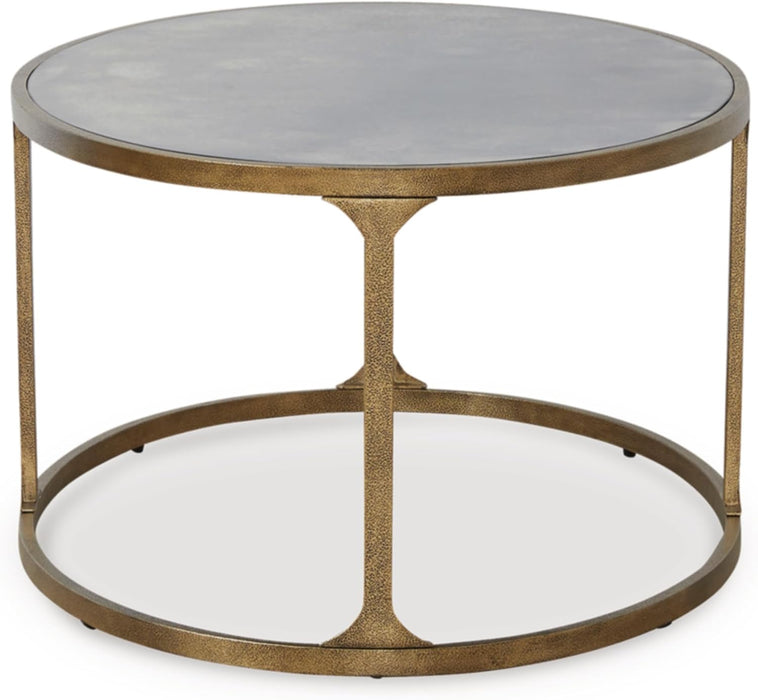 Korajane Oval Coffee Table with Tempered Glass Top, Faux Marble Finish, Steel Frame, 48" W X 27.38" D X 17.5" H, Antique Gold