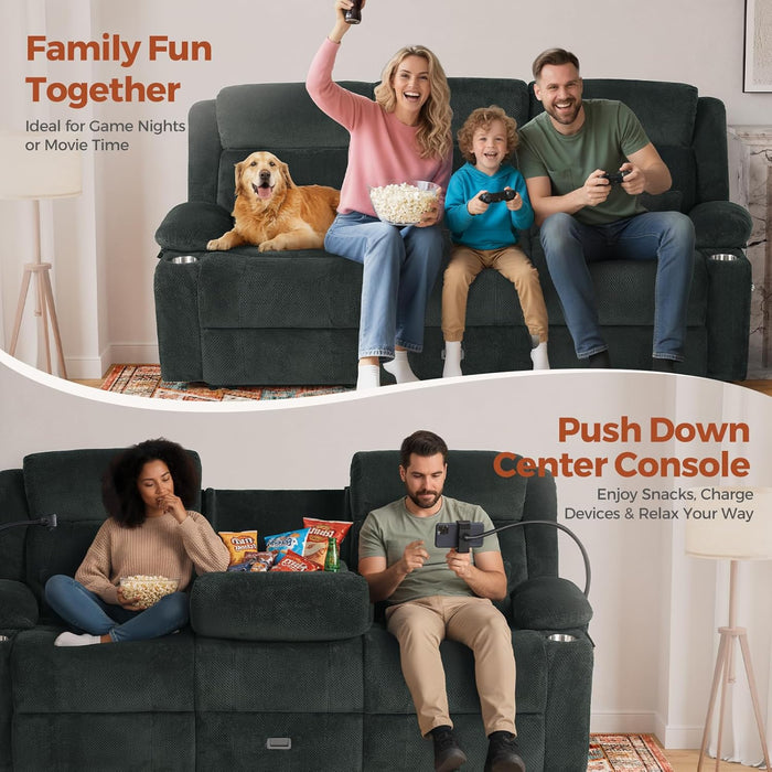 3 Seater Recliner Sofa, Manual Reclining Couch with Flip Middle Backrest, Phone Holder, Side Pocket, Drawer, Power Outlet, Reclining Sleeper for Living Room, Home Theater & RV (Textile - Gray)