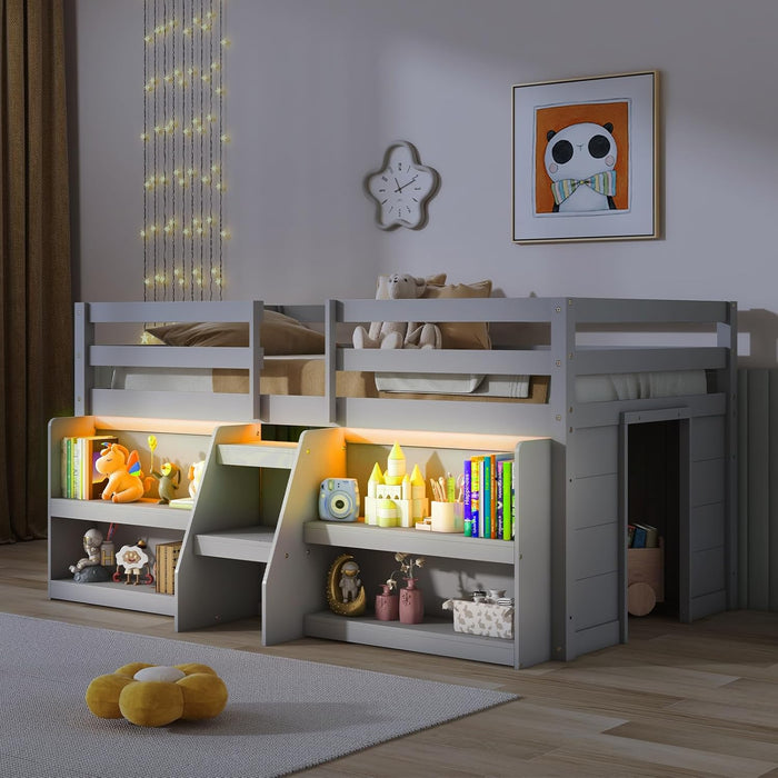 Twin Loft Bed with LED Lights, Wooden Loft Bed Twin Size with Stairs & Safety Guardrail, Low Loft Bed for Kids with Storage Bookcase and Under-Bed Play Space, Grey