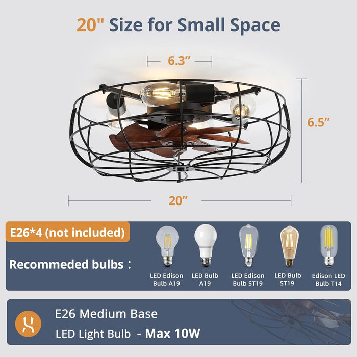 20" Caged Ceiling Fans with Lights and Remote, Flush Mount Bladeless Low Profile, Small Farmhouse Industrial Enclosed Ceiling Fan for Bedroom, Kitchen, Indoor