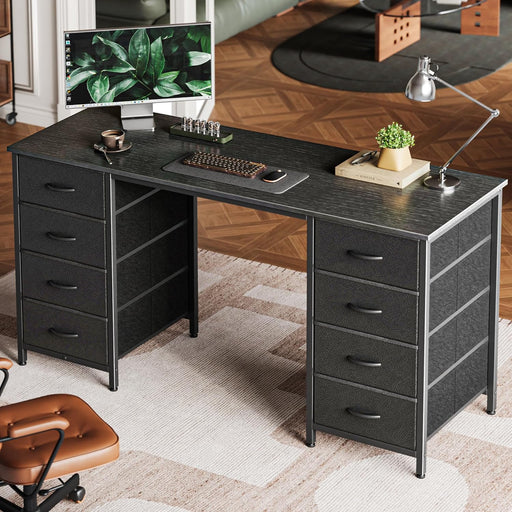 55 Inch Computer Desk with 8 Fabric Drawers, Office Desk Work Desk for Home Office, Study, Gaming Desk with Drawers, Large Storage, Black
