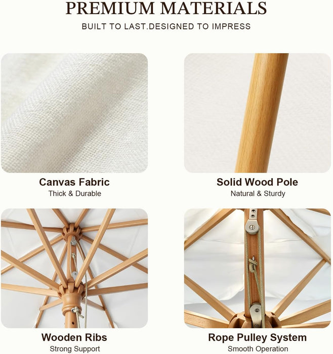 8.5Ft Luxury Premium Boho Patio Umbrella Wood Pole Fancy Bali-Style Outdoor Umbrellas UPF 50+ Sun Protection with Pulley Lift Air Vent Tassel Fringe for Garden, Pool, Deck, Beach, Backyard, Events
