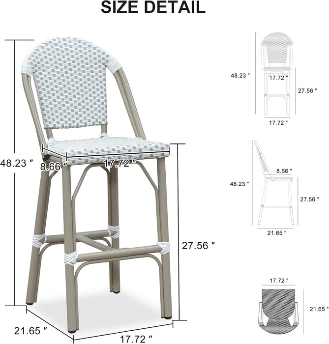 French Bar Stools Set of 2 Champagne Print Finish Outdoor Bar Stools with Back Rattan 27'' Patio Bar Stool for Pool Garden Kitchen Outdoor Barstool, White&Grey
