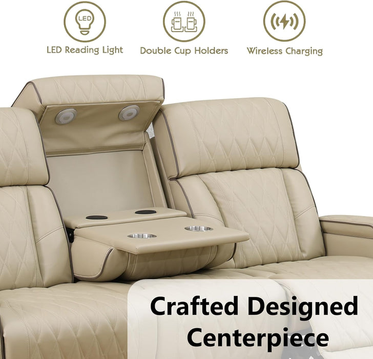 Power Recliner Sofa Set, 3 Piece Breathing Leather Sofa Set, Reclining Couch Loveseat and Chair Furniture with LED/USB Port/Cup Holders for Living Room Home Theater (Khaki)