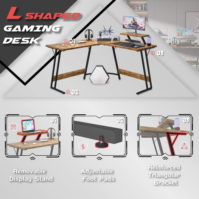L Shaped Gaming Desk Computer Corner Desk PC Gaming Desk Table with Large Monitor Riser Stand for Home Office Sturdy Writing Workstation (Classical Brown, 51 Inch)
