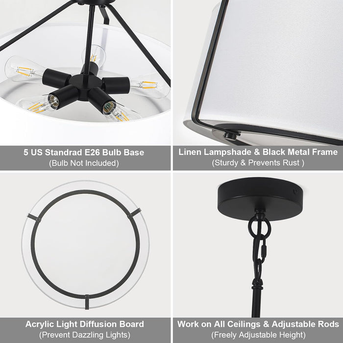 20Inches Drum Chandeliers, 5-Light Modern Farmhouse Pendant Light Fixture with White Linen Fabric Shade, Black round Adjustable Hanging Lights for Dining Room Bedroom Kitchen Foyer Entryway