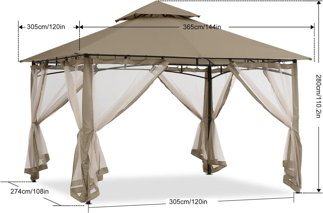 Gazebos for Patios 10X12 - Outdoor Steel Frame Gazebo with Mosquito Netting for Lawn Backyard Garden Deck (Khaki)